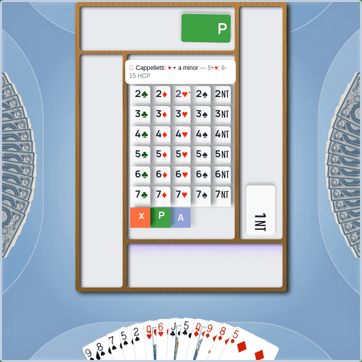 The bidding box during an auction, with the engine explaining a 2♥ overcall of 1NT as Cappelletti: hearts and a minor, 5+ hearts, 8–15 HCP