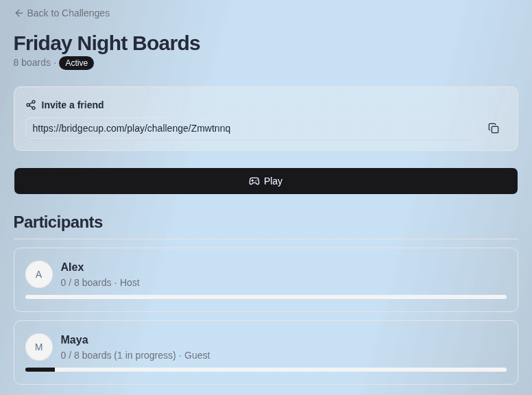 A challenge lobby showing a shareable invite link and two participants with their board-by-board progress